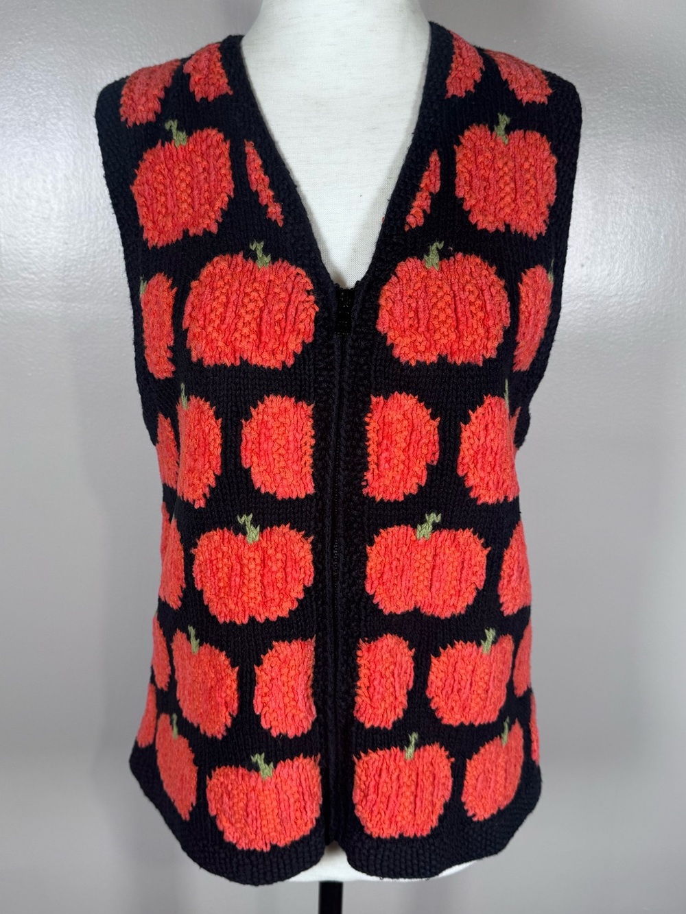 Vintage Marisa Christina Hand Knit Fall Pumpkin Zip Cardigan Sweater Vest Sz S/M